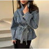 Women's Denim Lace Up Jacket Lapel Neck Waist Cinching Button Front Long Sleeve Coat Spring Femlae Casual Daily Outerwear