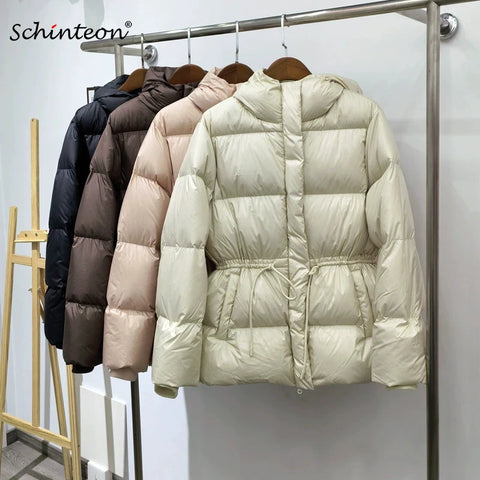 Women Belted Down Jacket with Hood Autumn Winter Warm Thick Outwear White Duck Down Casual Coat