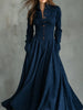 Faux Suede Lace-Trim Patchwork Shirt Dress for Women's Pockets Single Breasted Turn Down Collar Long Sleeve Pleated Long Dress