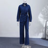 Casual Solid Shirt Trouser Suits Women Full Sleeve Lace Up Lapel Top Wide Leg Pants Lady Set Autumn Female Suit