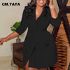 Women Lace Wrap Notched Neck Pleated Blazer Style Dress Office Lady Vintage Sexy Party Three Quarter Sleeve Dresses