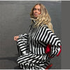 Vertical Stripe Two Piece Outfit Stand Collar Zip Up Jacket Elastic Waist Wide Leg Pants Loose Women Casual High Street Set
