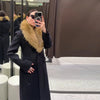 Elegant Faux Fur Wool Long Coat Women Solid Full Sleeve Lapel Patchwork Waist-closed Slim Coats Female Winter Outwear