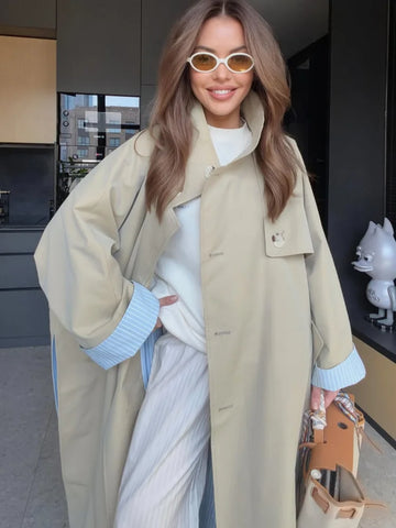 Casual Khaki Trench Coat Women Lapel Long Sleeve Double Breasted Pocket Loose Windbreaker Autumn Lady Commute Outwear