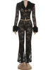 Sexy Jacquard Women 2 Piece Set Fur Patchwork Single-Button Jacket+Flare Pants Matching Midnight Party Clubwear Suits