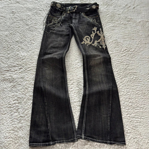 Vintage Embroidery Patchwork Women Flared Jeans Y2k Harajuku Wide Leg American Style Denim Pants Baggy Punk Streetwear