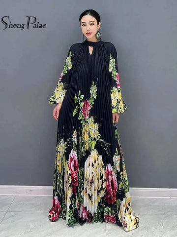 Printed Dress For Women O-neck Draped Lace Up Waist A-line Casual Vestido Robe Female Autumn 5R5279