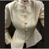 Stand-Collar Satin Frog-Button Jacket Cream Tailored Long-Sleeve Silky Spring Elegant Retro Women Outerwear Blazer