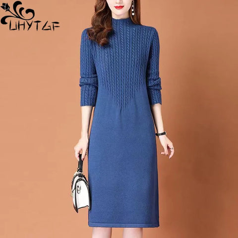 Thick Half Turtleneck Knitted Sweater Dress Elegant Korean Midi Dresses Women Fall Winter Vestidos Casual Knitwear Elbise
