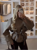 Beige Checkered Cropped Trench Coat Women Stand Collar With Waist Belt Loose Oversized Autumn Daily Wear Outer Jacket
