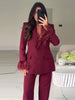 Elegant Feathers Women Blazer Pants Suit Lapel Single-breasted Coat Straight Wide Leg Trousers Sets Autumn Female Outfits