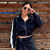 Color Block Cropped Anorak Jacket Women Stand Collar Half Zip Kangaroo Pocket Long Sleeve Jackets Autumn Casual Chic Coat