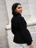 Women Black Belted Double Breasted Coat High Neck Long Sleeve Tailored Fit Elegant Jacket Winter Office Casual Outerwears