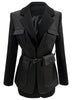 Autumn Black Wool Blends Patchwork Leather Jacket Women with Many Pockets Long Sleeve Korean Streetwear