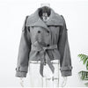Grey Lapel Woolen Blend Short Coat Women Solid Single Breasted Long Sleeves Pockets Loose Jacket Lady Autumn Street Outerwear