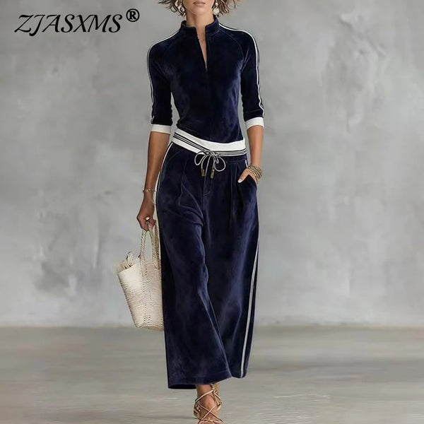 Fall Winter Solid Velvet Clothes Woman Turtleneck Zipper Top Cardigan & Wide Leg Pants Set Retro Contrast Sportswear Suit Outfit