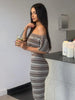 Stripes Print 2 Piece Set Women Slash Neck Half Sleeve Crop T-Shirt+Capri Pants Casuals Chic Street Sport Suits