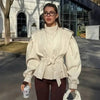 Solid Lace Up Short Trench Coat Lady Chic Stand Collar Wide Shoulder Full Sleeve Loose Coats Daily Casual Windbreaker