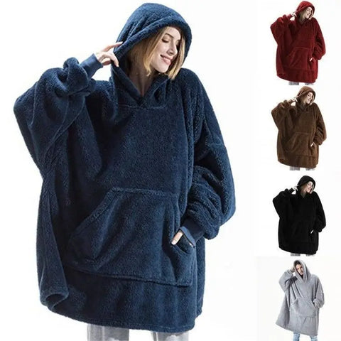 Winter Women's Plush Hoodie Loose Pockets Warm Street Home Solid Color One-size-fits-all Long Coat