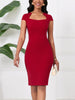 Women Elegant Square Neck Cap Sleeve Vintage Slim Work Office Cocktail Party Business Casual Sheath Bodycon Pencil Dress