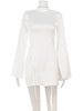 Eelgant Mini Dresses For Women Solid Long Flare Sleeves Turtleneck Sheath Satin Split Party Slim Fit Female Robe