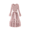 Solid Color Bubble Pleated Women ’s Dress Round Neck Long Sleeve Beaded Waist Pink Dress Spring 2DB7194