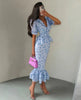 Women White Floral Print Puff Sleeve Blazer Collar Peplum Mermaid Midi Dress Elegant Casual Gown Bridesmaid Wedding Sundress
