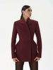 Women Waist Cinching Suit Jacket Elegant V-neck Full Sleeve Single Button Shoulder Pad Slim Coat Lady Commute Outerwear