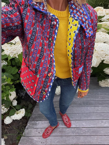 Retro Reversible Quilted Padded Jacket Women Color Block Print Pocket Button Coat Autumn Winter Lady Outerwear