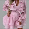 Solid Ruffle Mini Dress U Neck Long Puff Sleeve Tie Neck Tiered Hem Sweet Style Gown Soft Pastel Tones Chic Women Outfit