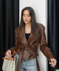 Burgundy PU Jacket Women Autumn Slim Lace Up Blazer Top Fall Casual Leather Jackets Coat Femme