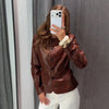 Women Lapel Collar Single Button Croc Embossed Leather Jacket Long Sleeve Drop Shoulder Patch Pocket Loose Retro Short Street
