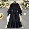 Loose Casual Knit Long Dress Women Solid Elastic Waist Lantern Sleeve O Neck Ladies Winter Sweater Dresses