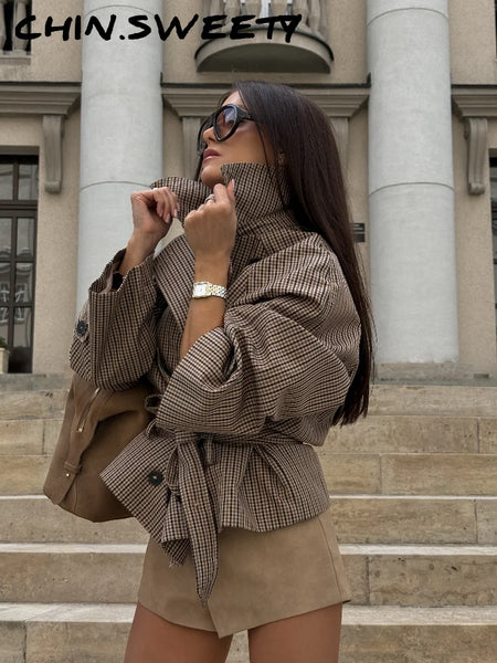 Vintage Grid Women's Windbreaker Double-Breasted Lace-Up Turn-Down Collar Full Sleeve Casual Coat Autumn Chic Female Jacket