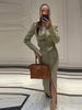 Casual Glossy Fitted Button‑Detail Jacket Skirt Set Lapel Collar Long‑Sleeve Autumn Women Outfit Warm Lady Two‑Piece Suit