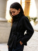 Women Black Belted Double Breasted Coat High Neck Long Sleeve Tailored Fit Elegant Jacket Winter Office Casual Outerwears