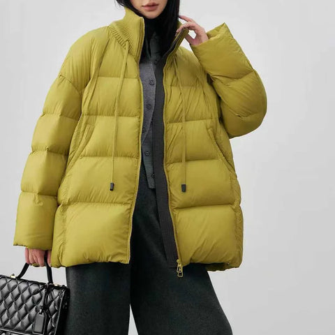 Women's Winter 90% Duck Down Jacket With Drawstring and Ribbed Collar Knitted Patchwork Oversized Warm Puffer Coat