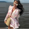 Women's Pink Floral Print Puff Sleeve Dress With Waistband Deep V-neck Chic Satin Ruffled Hem Mini Dress Elegant Sexy Robes