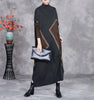 Woman Autumn Mock Neck Loose Long Sleeves Dress Chinese Style Contrast Batwing Sleeve Casual Dress