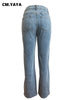 Women Vintage Cutout Hollow Out Criss Cross Straight Denim Pants High Waist Wide Leg Jeans Trousers