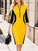 Womens Elegant Zipper Neck Button Work Office Knee Length Colorblock Business Casual Party Pencil Bodycon Sheath Dress