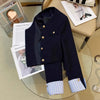 Navy Blue Short Jacket for Women Striped Patchwork Long Sleeve Coat Woman Spring Autumn French Gold Button Tweed Jacket