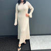 Women Elegant Ribbed Knit Full Sleeve Maxi Dress Crew Neck Bodycon Pencil Long Dress Tie Waist Dress 90s Vintage Streetwear
