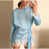 Women's Satin Short Dress Patchwork Lace Trim Crew Neck Long Sleeve Loose Dresses Spring Lady Casual Daily Chic Streetwear
