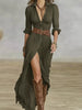 Vintage Solid Single Breasted Slit Long Dresses Women Lapel Belted Slim Pleated Long Sleeve Bohemian Irregular Maxi Dress