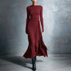 Elegant Long Sleeve Ruched Maxi Dresses For Women O Neck Slim A-Line Long Dress Women Evening Party Dress