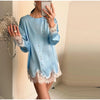 Women's Satin Short Dress Patchwork Lace Trim Crew Neck Long Sleeve Loose Dresses Spring Lady Casual Daily Chic Streetwear