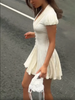 Cream White Polka Dot Mini Dress Women Deep V Neck Short Puff Sleeve Pleated Front Buttons Slim Fit Casual Party Dresses