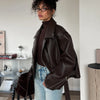 Retro Solid Lace Up Leather Short Jackets Women Chic Lapel V-neck Waist Cinching Cropped Jackets Lady Daily High Street Outwear