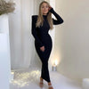 Shoulder Padded Long Sleeve Bodycon Green Party Club Maxi Long Dress Spring Autumn Women Elegant Clothes